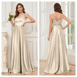 Champagne Spaghetti Straps V-neck Satin Gown